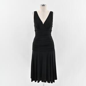 BCBGMAXAZRIA Dress Size M Black Sleeveless VNeck Ruched Drape Stretch Drop Waist